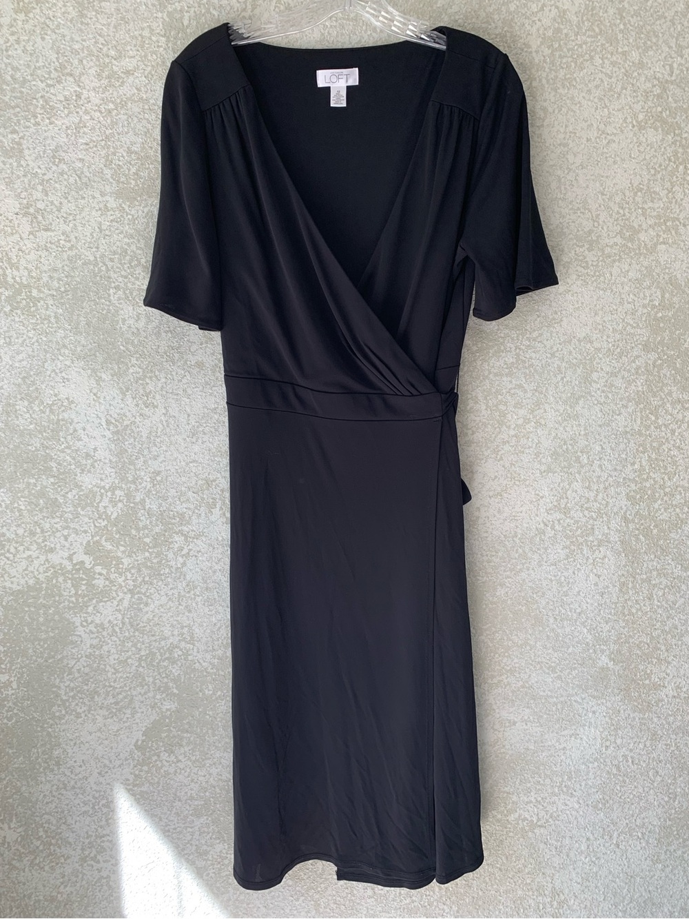LOFT Black Wrap-Style Midi Dress 12 Bodycon LBD Office Evening Date Whimsygoth